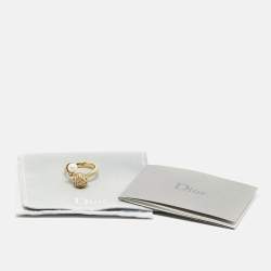 Pre Owned Dior Secret Cannage Faux Pearl Crystal Gold Tone Open Ring Size 52