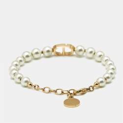 Pre Owned Dior CD 30 Montaigne Faux Pearl Gold Tone Bracelet