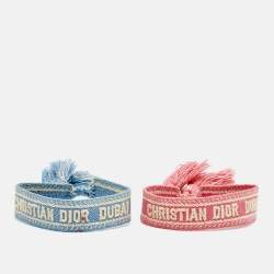 Pre Owned  Dior Placid Blue/Pink Christain Dior Dubai Embroidered Woven Fabric Bracelet Set of 2
