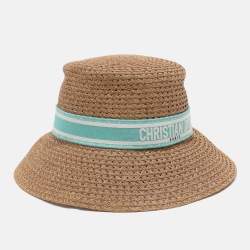 Pre Owned قبعة ديور د بوبي كبيرة الحواف مطرزة بلون بني من القش