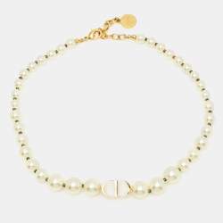 Pre Owned Dior 30 Montaigne Faux Pearl Gold Tone Choker Necklace