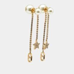 Pre Owned أقراط ديور تريبالس دانجل لؤلؤ صناعي وبلورات بلون ذهبي