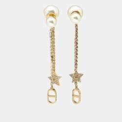 Pre Owned Dior Tribales Faux Pearl Crystals Gold Tone Dangle Earrings