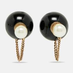 Pre Owned Dior Tribales Resin Faux Pearl Gold Tone Earrings