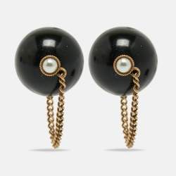 Pre Owned Dior Tribales Resin Faux Pearl Gold Tone Earrings
