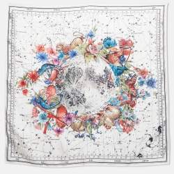 Pre Owned Christian Dior White Zodiac Print Silk Scarf