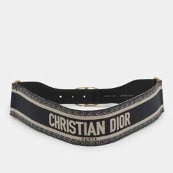Pre Owned Dior Navy Blue Embroidered Canvas and Leather Buckle Waist Belt 75CM