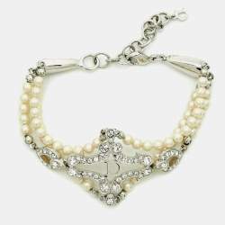 مملوكة مسبقًا Dior Crystals Faux Pearl Silver Tone Bracelet