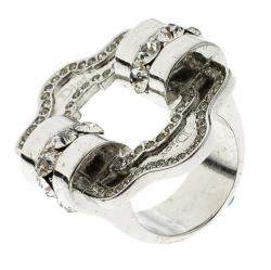 Pre Owned Dior Crystal Embellished Silver Tone Ring Size 49