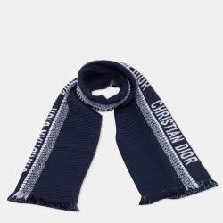 Pre Owned Christian Dior Navy Blue Oblique Wool University Reversible Scarf One Size