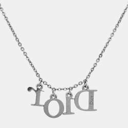 Pre Owned Dior Logo Charm Silver Tone Pendant Necklace