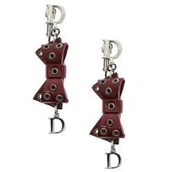 مملوكة مسبقًا Dior Red Bow Patent Leather Silver Tone Drop Earrings