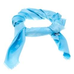 مملوكة مسبقًا شال ديور أزرق حرير وجاكار سو ديور بشراشيب