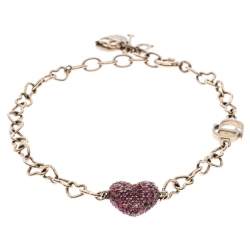 Dior Silver Tone Pink & Red Crystal Studded Heart Charm Bracelet