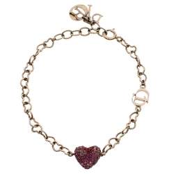 Dior Silver Tone Pink & Red Crystal Studded Heart Charm Bracelet