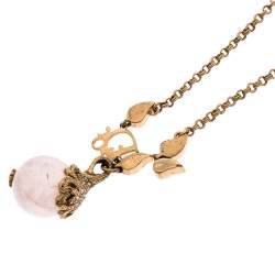 Pre Owned Dior Logo Faux Pearl Crystal Embellished Gold Tone Ball Necklace