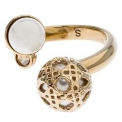 مملوكة مسبقًا Dior Cannage Faux Pearl Crystal Gold Tone Open Ring Size 51