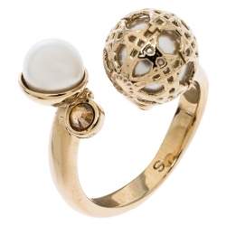 مملوكة مسبقًا Dior Cannage Faux Pearl Crystal Gold Tone Open Ring Size 51