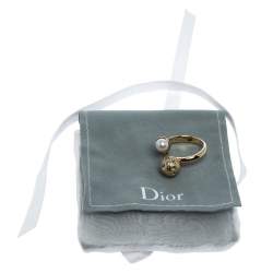 مملوكة مسبقًا Dior Cannage Faux Pearl Crystal Gold Tone Open Ring Size 51