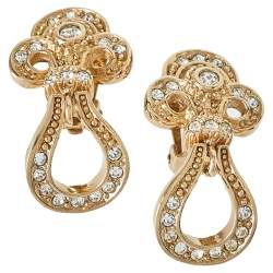 Pre Owned Dior Vintage Crystal Studded Gold Tone Dangle Clip-On Earrings