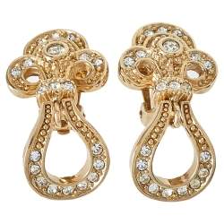 Pre Owned Dior Vintage Crystal Studded Gold Tone Dangle Clip-On Earrings