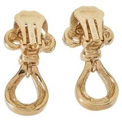 Pre Owned Dior Vintage Crystal Studded Gold Tone Dangle Clip-On Earrings