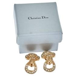 Pre Owned Dior Vintage Crystal Studded Gold Tone Dangle Clip-On Earrings