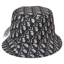 Pre Owned Christian Dior Navy Blue Synthetic Reversible Teddy-D Oblique Short Brim Bucket Hat (Size 58)