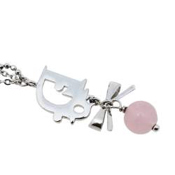 Pre Owned قلادة ديور خرز فضي اللون بالشعار وفيونكة