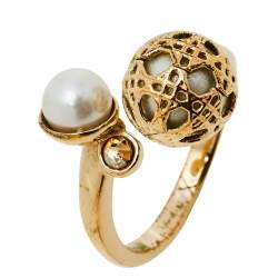 مملوكة مسبقًا خاتم مفتوح ديور لون ذهبي كريستال لؤلؤ صناعي كاناج مقاس 51