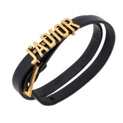 Pre Owned Dior J'adior Black Leather Antique Gold Tone Double Tour Bracelet