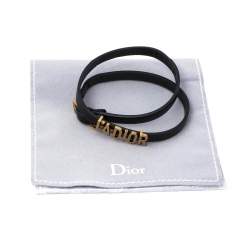 Pre Owned Dior J'adior Black Leather Antique Gold Tone Double Tour Bracelet