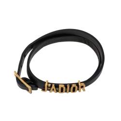 Pre Owned Dior J'adior Black Leather Antique Gold Tone Double Tour Bracelet