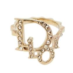 Dior Gold Tone Crystal Embedded Logo Ring Size EU 50