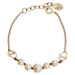 Pre Owned Dior Tribales Faux Pearl Gold Tone Station Bracelet