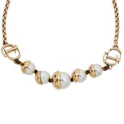 Pre Owned Dior Tribales Faux Pearl Gold Tone Station Bracelet