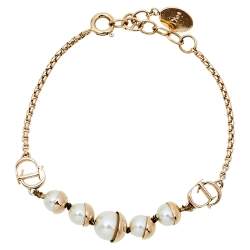 Pre Owned Dior Tribales Faux Pearl Gold Tone Station Bracelet