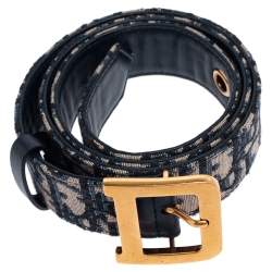 Pre Owned Dior Beige/Navy Blue Oblique Canvas Diorquake Buckle Belt 85 CM