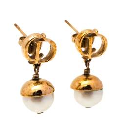 Pre Owned أقراط ديور ميس إن ديور لؤلؤ صناعي ذهبي اللون متدلية