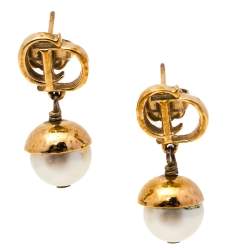 Pre Owned أقراط ديور ميس إن ديور لؤلؤ صناعي ذهبي اللون متدلية