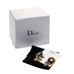 Dior Silver Tone Crystal Beaded Flower Clip On Earrings
