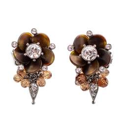 Dior Silver Tone Crystal Beaded Flower Clip On Earrings