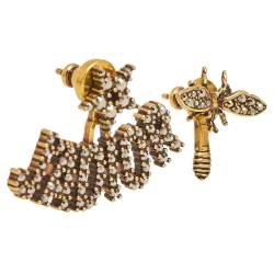 Pre Owned Dior Aged Gold Tone J'adior & Bee Crystal Embellished Asymmetrical Earrings