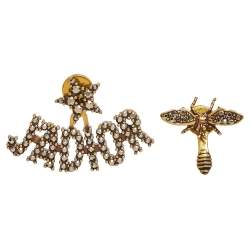 Pre Owned Dior Aged Gold Tone J'adior & Bee Crystal Embellished Asymmetrical Earrings