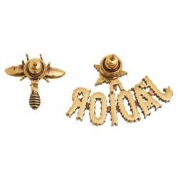 Pre Owned Dior Aged Gold Tone J'adior & Bee Crystal Embellished Asymmetrical Earrings