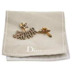 Pre Owned Dior Aged Gold Tone J'adior & Bee Crystal Embellished Asymmetrical Earrings