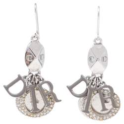 Dior Letters Charm Grey Enamel Silver Tone Drop Earrings