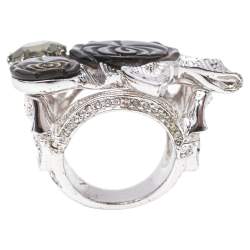 Pre Owned Dior Silver Tone Crystal Bow Detail Cocktail Ring Size 54