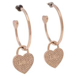 Pre Owned أقراط حلقات ديور معدن ذهبي اللون قفل قلب مرصع كريستال