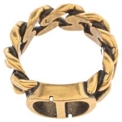 Pre Owned Christian Dior CD Logo Gold Tone Metal Chain Link Ring Size 55
